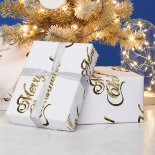 Papier Cadeau Joyeux Noël Texte Motif Or moderne et blanc