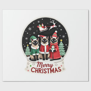 Papier Cadeau Joyeux Noël Trois Santa Elfe Renne Siamois C