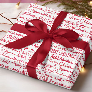 Papier Cadeau Joyeux Noël Typographie Rouge Multilingue