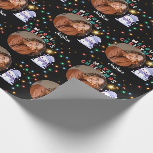 Papier Cadeau Joyeux Noël un cercle photo et nom bonhomme de nei (Coin)