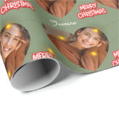 Papier Cadeau Joyeux Noël vert avec 1 photo de coeur et nom (Coin rond)