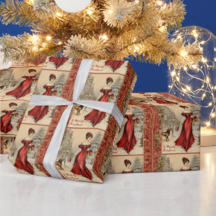 Papier Cadeau Joyeux Noël Victorian Lady Illustration