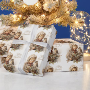 Papier Cadeau Joyeux Noël Vintage enfant avec oiseau