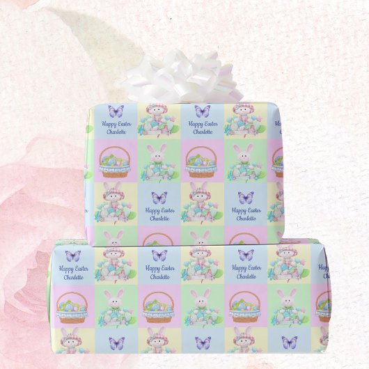 Papier Cadeau Joyeux nom de bébé de Pâques Pastels doux Bunny
