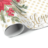 Papier Cadeau Joyeux or Noël Rouge Poinsettia (Coin rond)