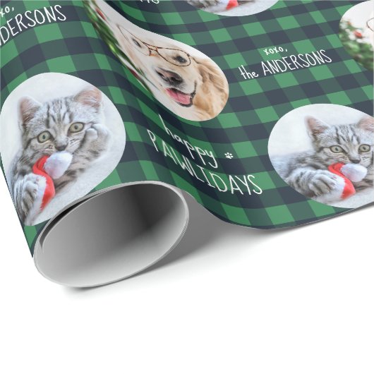 Papier Cadeau Joyeux Pawlidays Buffalo Plaid Custom Cat Chien Ph (Coin rond)