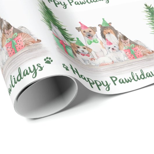 Papier Cadeau Joyeux Pawlidays Chien Chat Chiot Chien Chaton Noë (Coin rond)