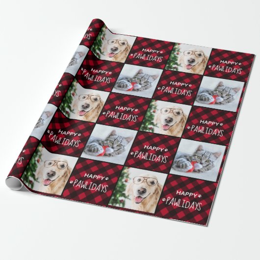 Papier Cadeau Joyeux Pawlidays Red Buffalo Plaid Custom 2 Photo (Déroulé)