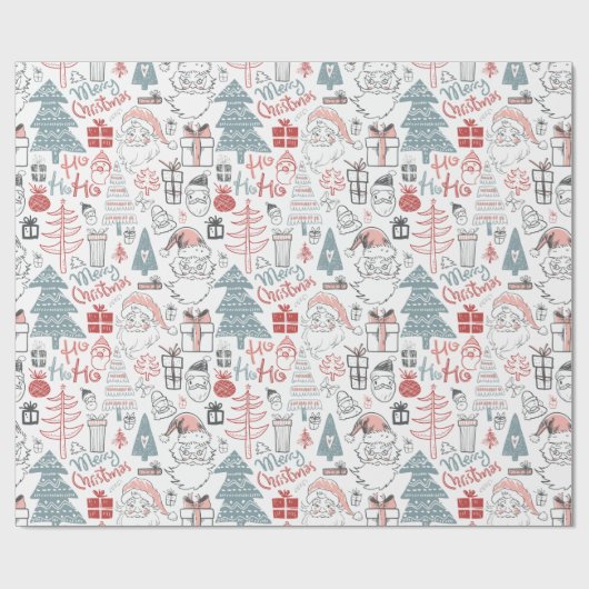 Papier Cadeau Joyeux Père Noël arbre de Noël Motif à main (Plat)