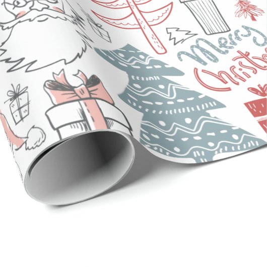 Papier Cadeau Joyeux Père Noël arbre de Noël Motif à main (Coin rond)