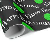 Papier Cadeau Joyeux Pickleballs Vert Anniversaire Sur Noir (Coin rond)