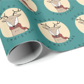 Papier Cadeau Joyeux rennes de Noël mignons avec Écharpe (Coin rond)