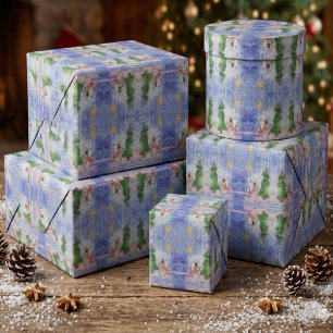 Papier Cadeau Joyeux Sapin de Noël et Bonhomme de Neige en Aquar