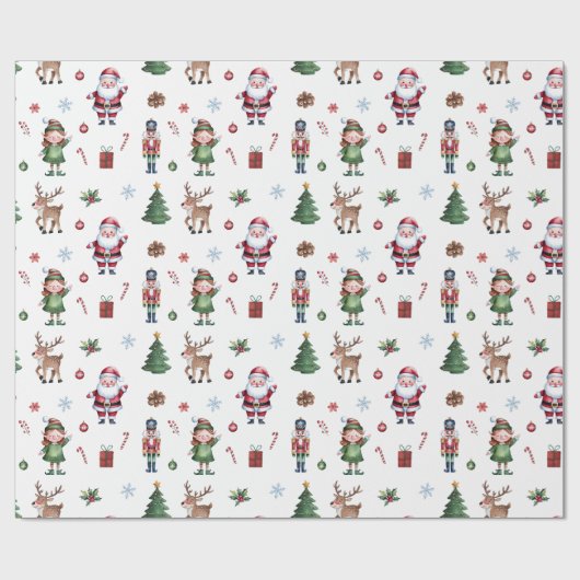 Papier Cadeau Joyeux sapin de Noël Père Noël Reindeer Nutcracker (Plat)