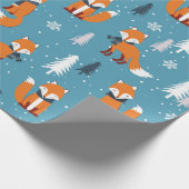 Papier Cadeau Joyeux sapin de Noël renard de neige blanc bleu (Coin)