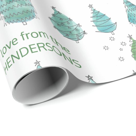 Papier Cadeau Joyeux sapins verts de Noël personnalisés (Coin rond)