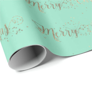 Papier Cadeau Joyeux Script de Noël Aqua Tiffany Mint Faux Gold