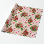 Papier Cadeau Joyeux script de Noël Bauble or rose roses (Déroulé)