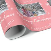 Papier Cadeau Joyeux script de Noël Pink Photo de famille (Coin rond)