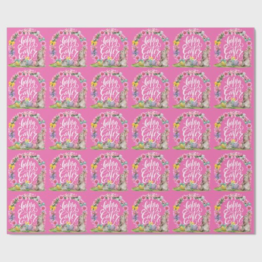 Papier Cadeau Joyeux Script de Pâques Floral Pink Easter Bunny E (Plat)