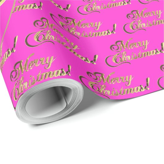 Papier Cadeau Joyeux script d'or rose-chaud de Noël (Coin rond)