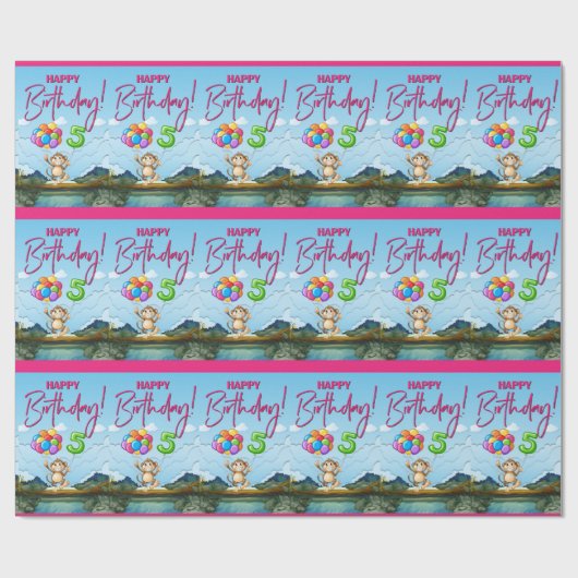 Papier Cadeau Joyeux singe du 5e anniversaire (Plat)