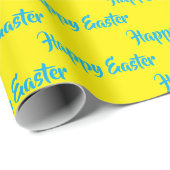 Papier Cadeau Joyeux texte bleu de Pâques sur jaune (Coin rond)