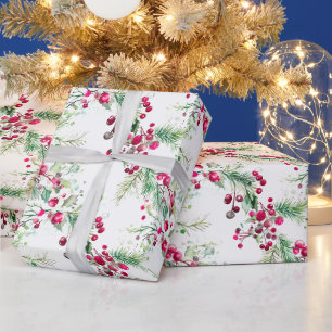 Papier Cadeau Joyeux très baies Noël couleur rouge à l'eau