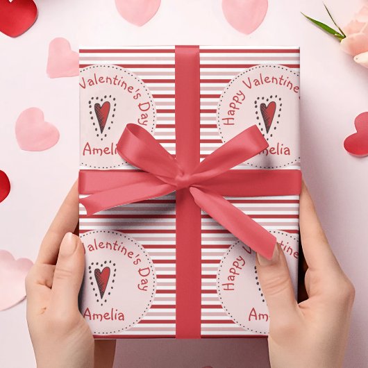 Papier Cadeau Joyeux Valentines Day Pink and Red Stripes