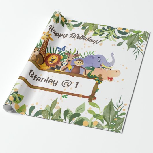 Papier Cadeau Jungle Safari Animaux Forêt Personnalisé Anniversa (Déroulé)