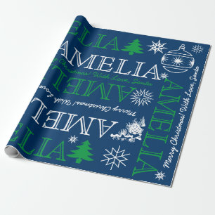 Papier Cadeau Jusqu'à 6 lettres Nom ou texte Noël bleu vert