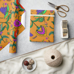 Papier Cadeau Kalamkari Fleurs d'anniversaire colorées Jaune