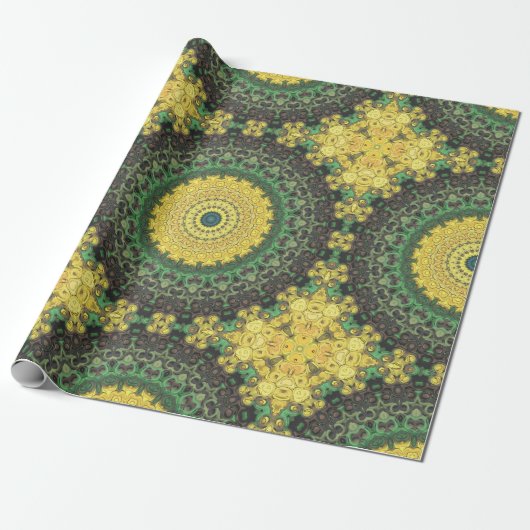Papier Cadeau Kaleidoscope jaune et vert Mandala Motif (Déroulé)