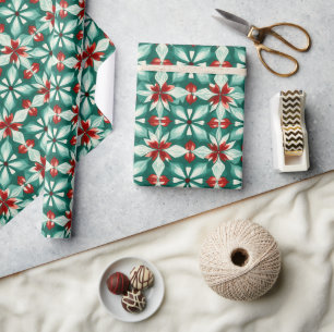 Papier Cadeau Kaleidoscope Poinsettia Vert Motif Rouge Cadeau