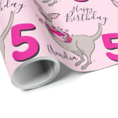 Papier Cadeau Kangaroo filles 5e anniversaire nom emballage rose (Coin rond)