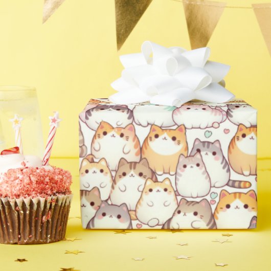 Papier Cadeau Kawaii Chubby Chats De Cartoon Avec Coeurs (Fête d'anniversaire)