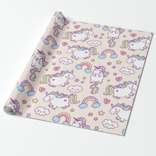 Papier Cadeau Kawaii chubby volant licorne arc-en-ciel motif