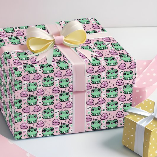 Papier Cadeau Kawaii Grenouille Princesse Rose & Vert Bébé Fille