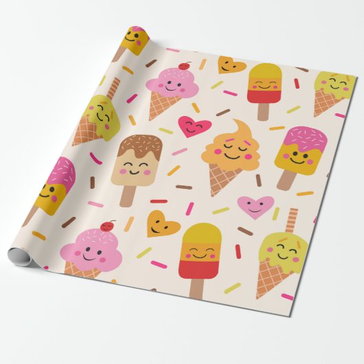 Papier Cadeau Kawaii Souriant Anniversaire de enfant crème glacé (Déroulé)