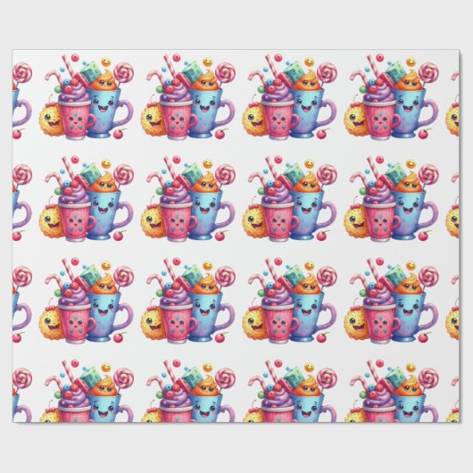 Papier cadeau Kawaii Sweets & Coffee Cups Mignon (Plat)