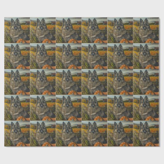 Papier Cadeau Keeshond Chien automne récolte Thanksgiving (Plat)