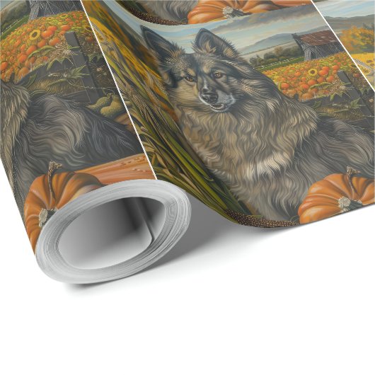 Papier Cadeau Keeshond Chien automne récolte Thanksgiving (Coin rond)
