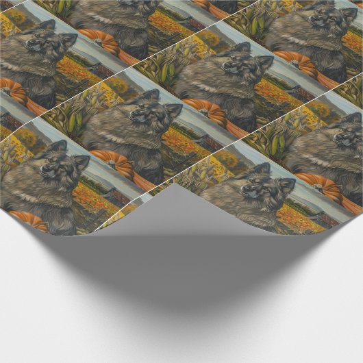 Papier Cadeau Keeshond Chien automne récolte Thanksgiving (Coin)