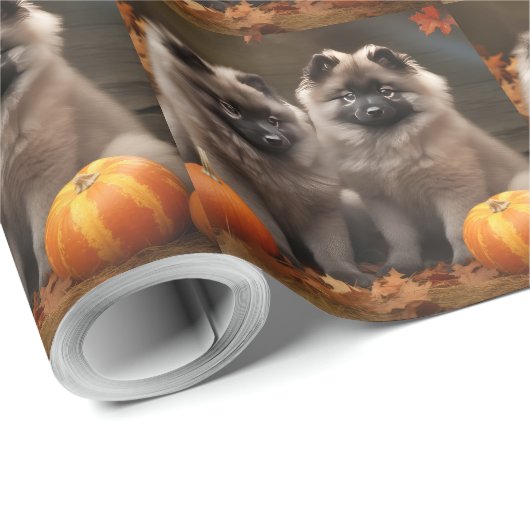Papier Cadeau Keeshond Chiot Automne Citrouille délice (Coin rond)