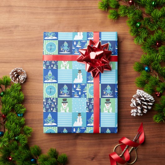 Papier Cadeau Kids Octopus Winter Sports Patchwork Personalized (Cadeau de vacances)