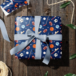 Papier Cadeau Kids Sports Equipment Pattern on Blue Birthday