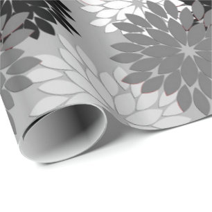 Papier Cadeau Kimono floral moderne Imprimer, gris, noir et blan