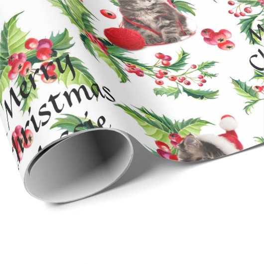 Papier Cadeau Kitten in Santa Hat Personnaliser le nom Noël (Coin rond)