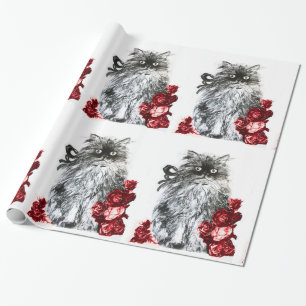 Papier Cadeau KITTY CAT / KITTEN AVEC ROSES ROSES ROUGES Noir Bl