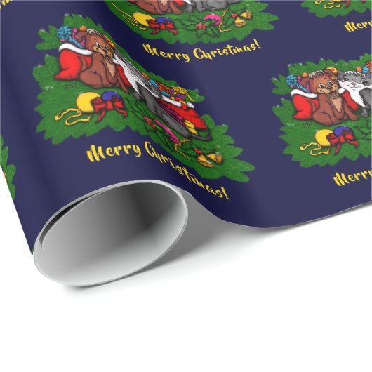 Papier Cadeau Kitty et chiot, Happy XMas (Coin rond)
